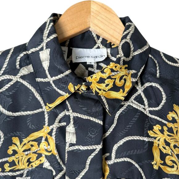 Vintage Pierre Cardin Black Gold Printed Button Up Blouse Cropped Long Sleeve, 6 - Picture 2 of 11